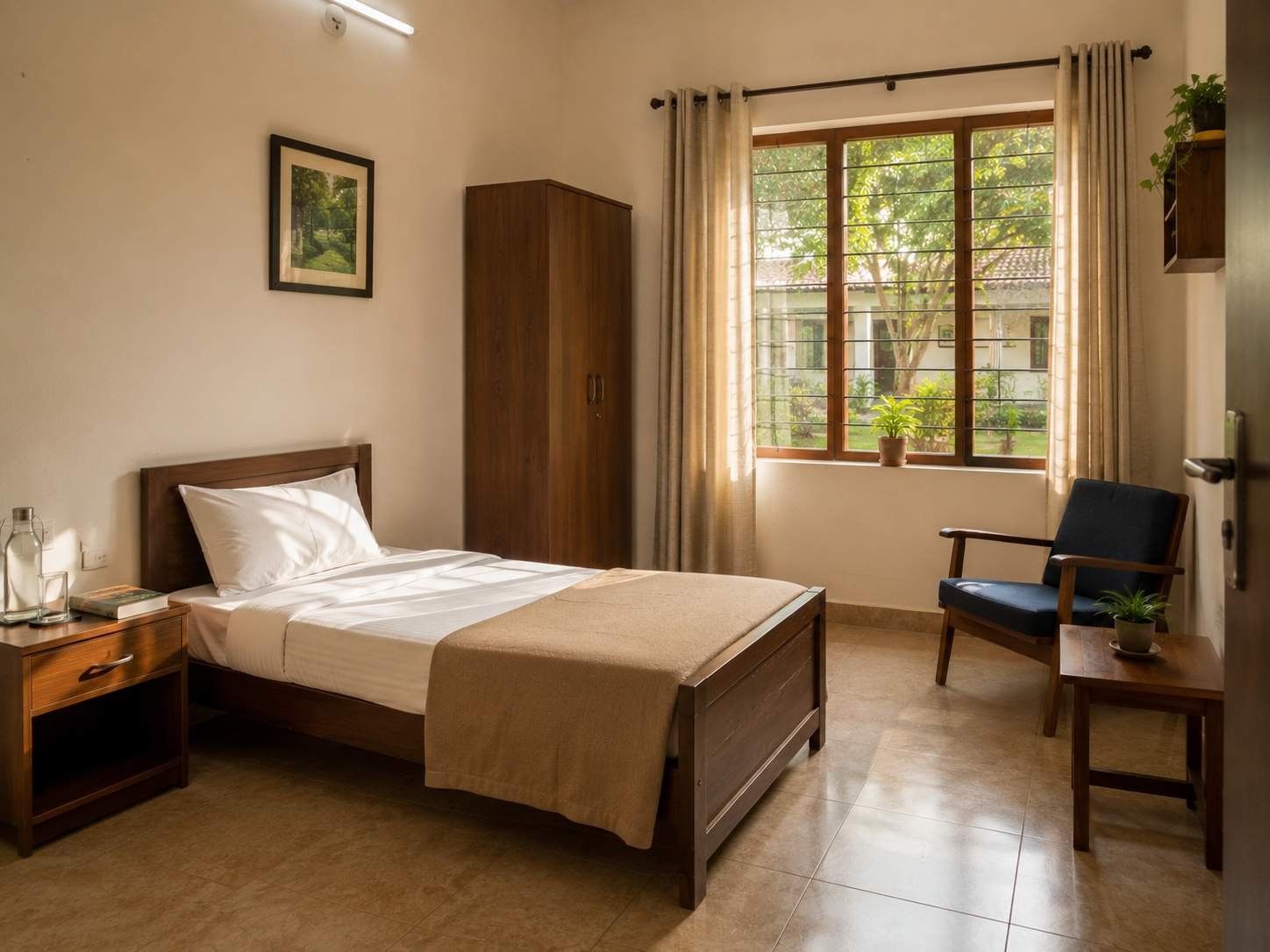 The calm, clean common area of a South Indian rehabilitation centre — a conceptual representation of the I-Tech Foundation environment
