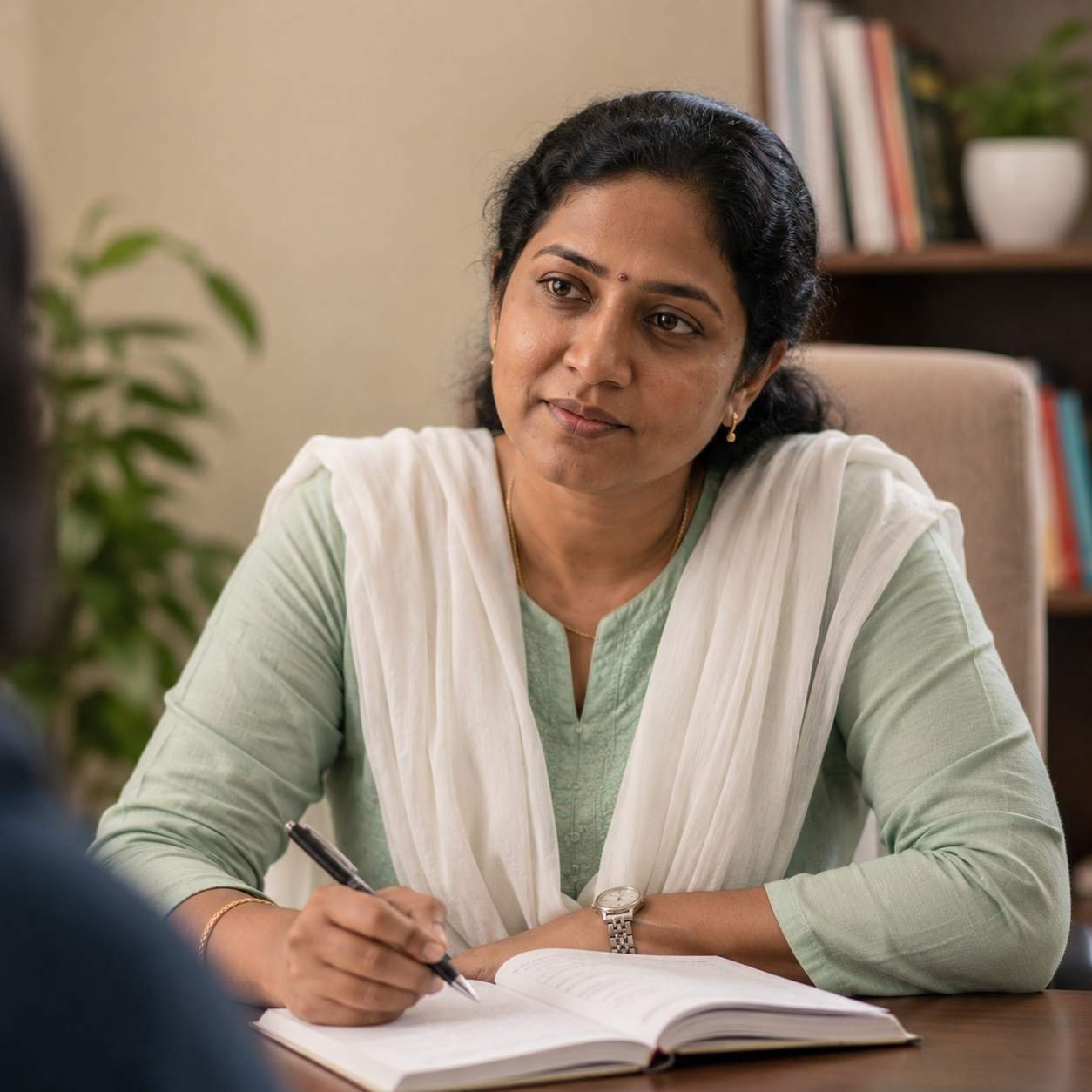 A South Indian counsellor listening attentively — representing the core value of respectful, professional care