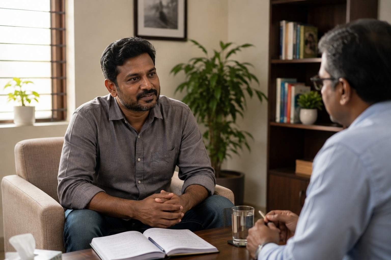 A South Indian adult in a calm counselling room — representing the compassionate, professional journey of recovery at I-Tech Foundation