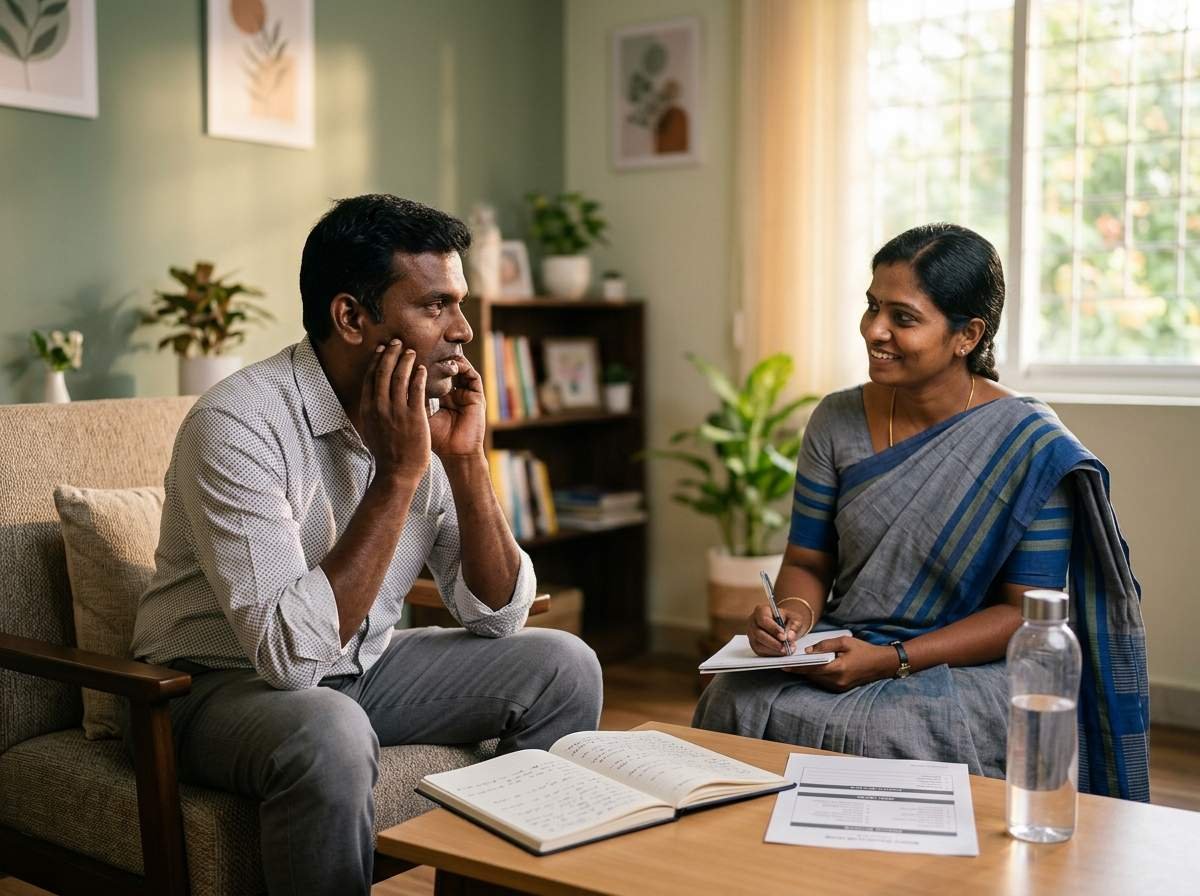 A South Indian man in a private counselling session with a recovery journal and water bottle on the table, planning his recovery from alcohol dependence