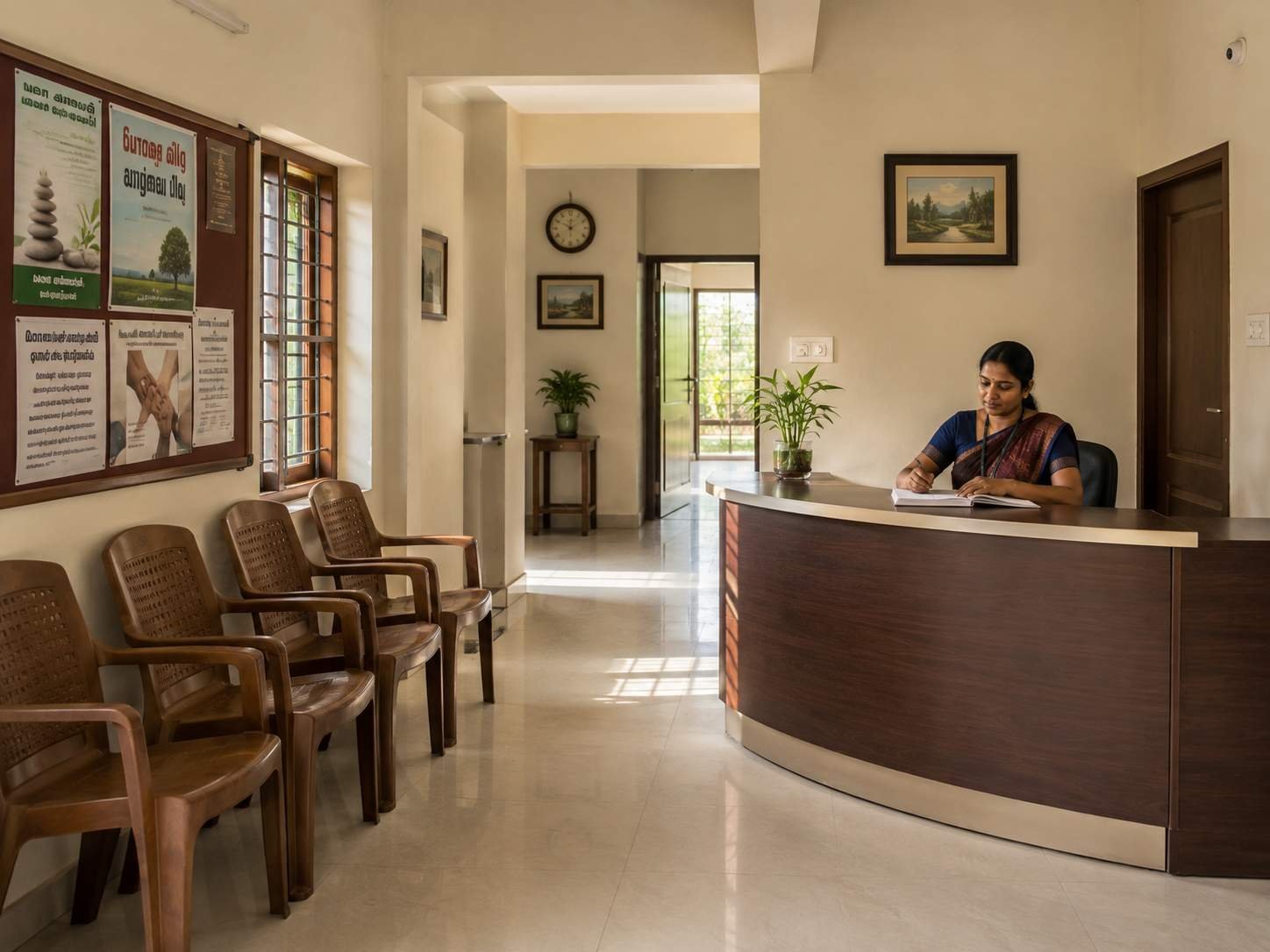A calm, welcoming reception area at the rehabilitation centre — professional and friendly