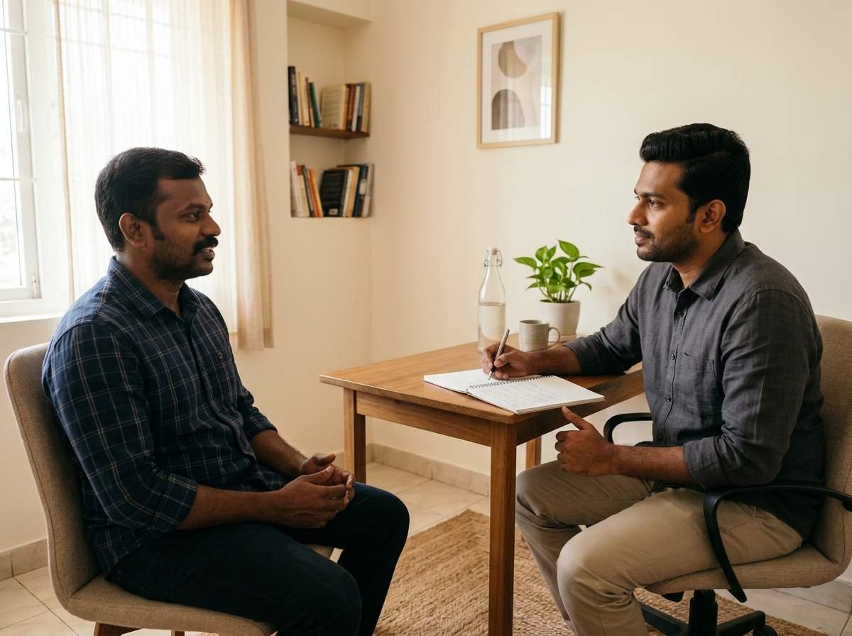 A South Indian man speaking openly with a professional counsellor in a calm private counselling room. A notebook rests on the desk between them.