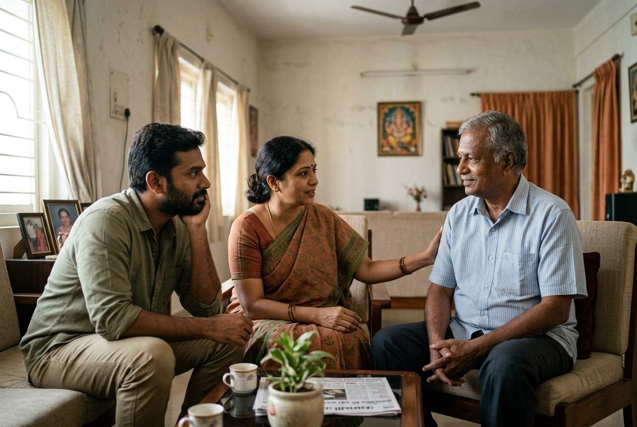 A South Indian family having a calm, supportive conversation about recovery — a mother, son and father figure seated together