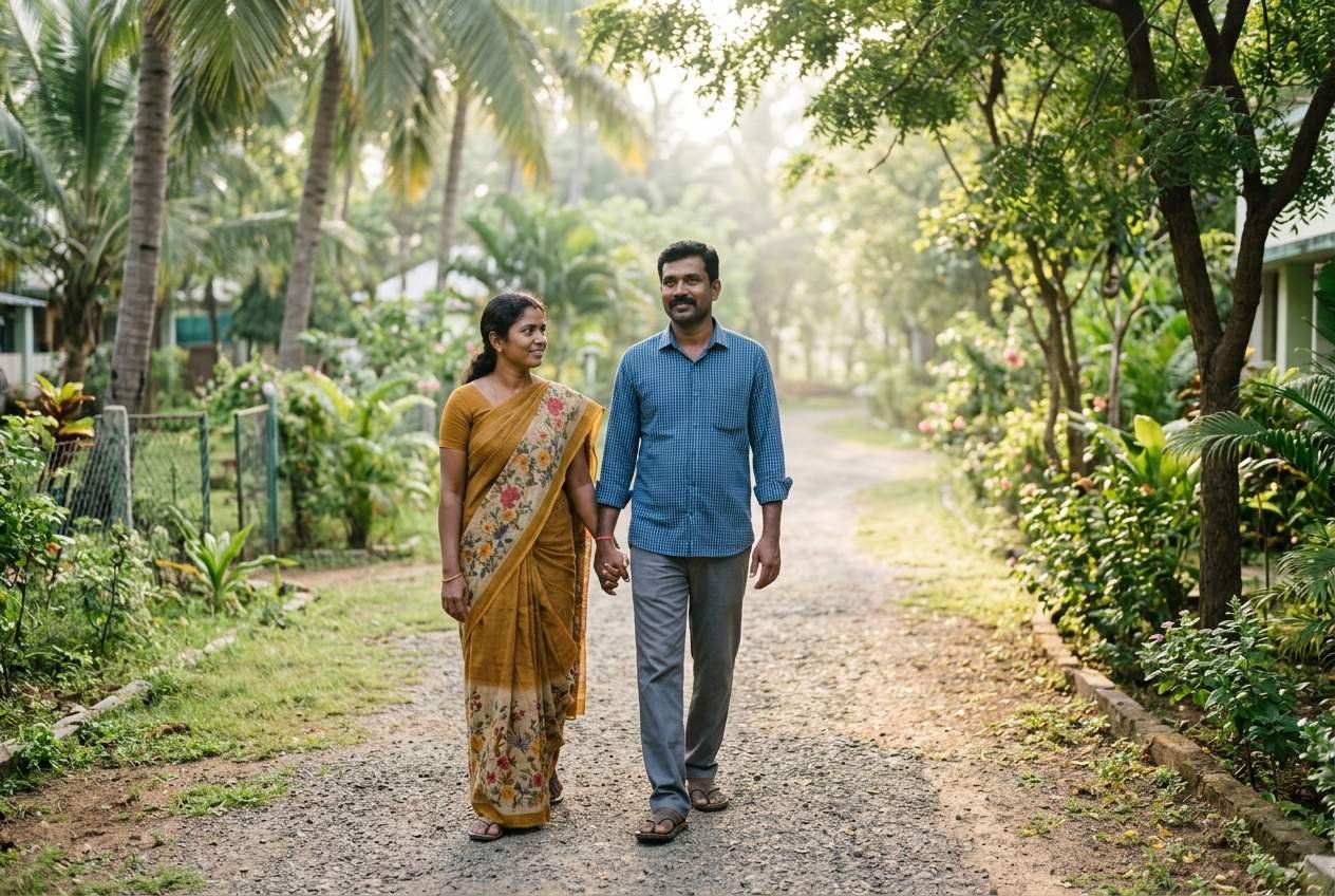 A South Indian couple walking together along a garden path in a rehabilitation centre — the image communicates hope and support in recovery
