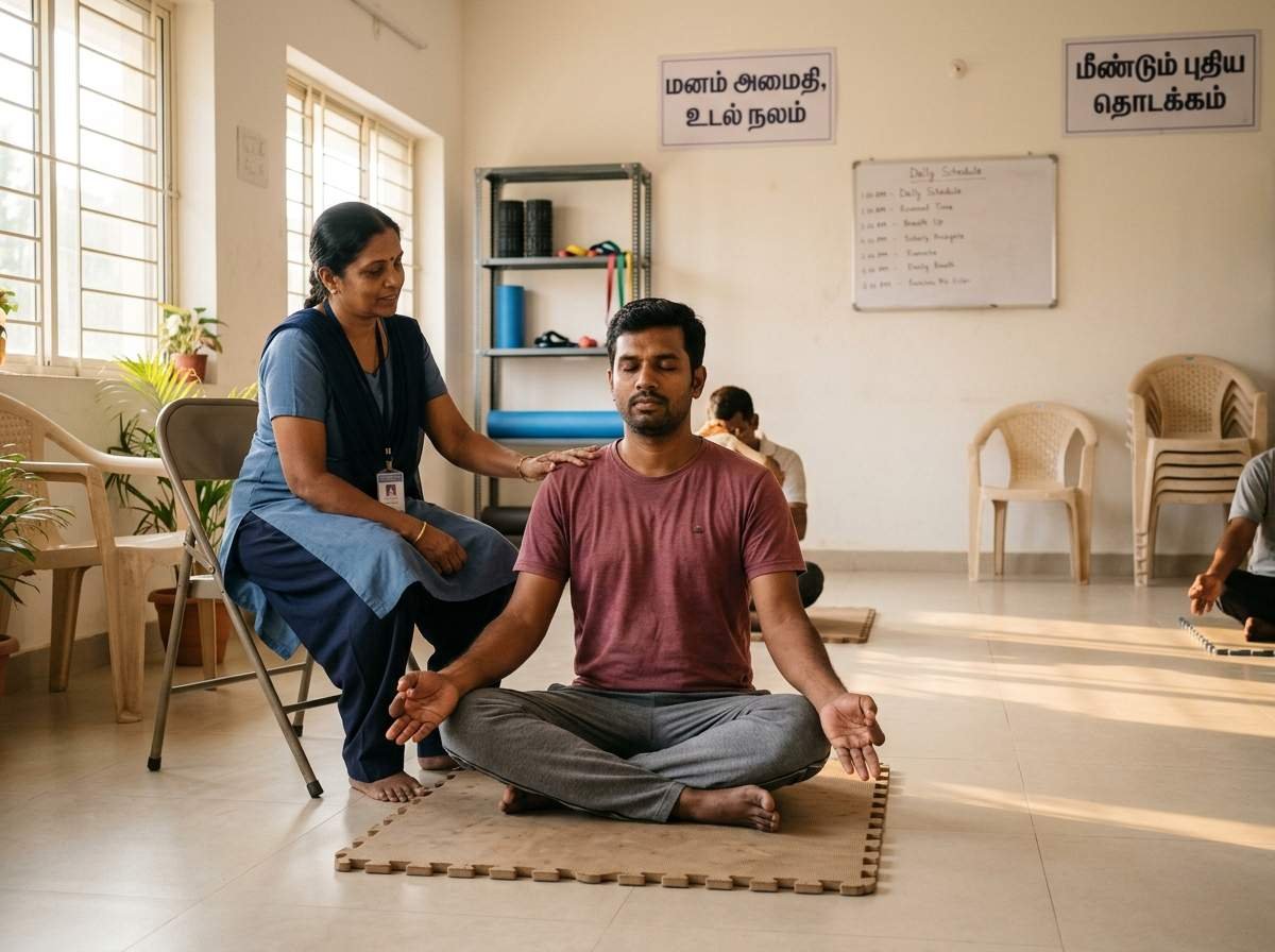A South Indian man doing guided breathing meditation in a clean rehabilitation centre activity room, supervised by a wellness facilitator