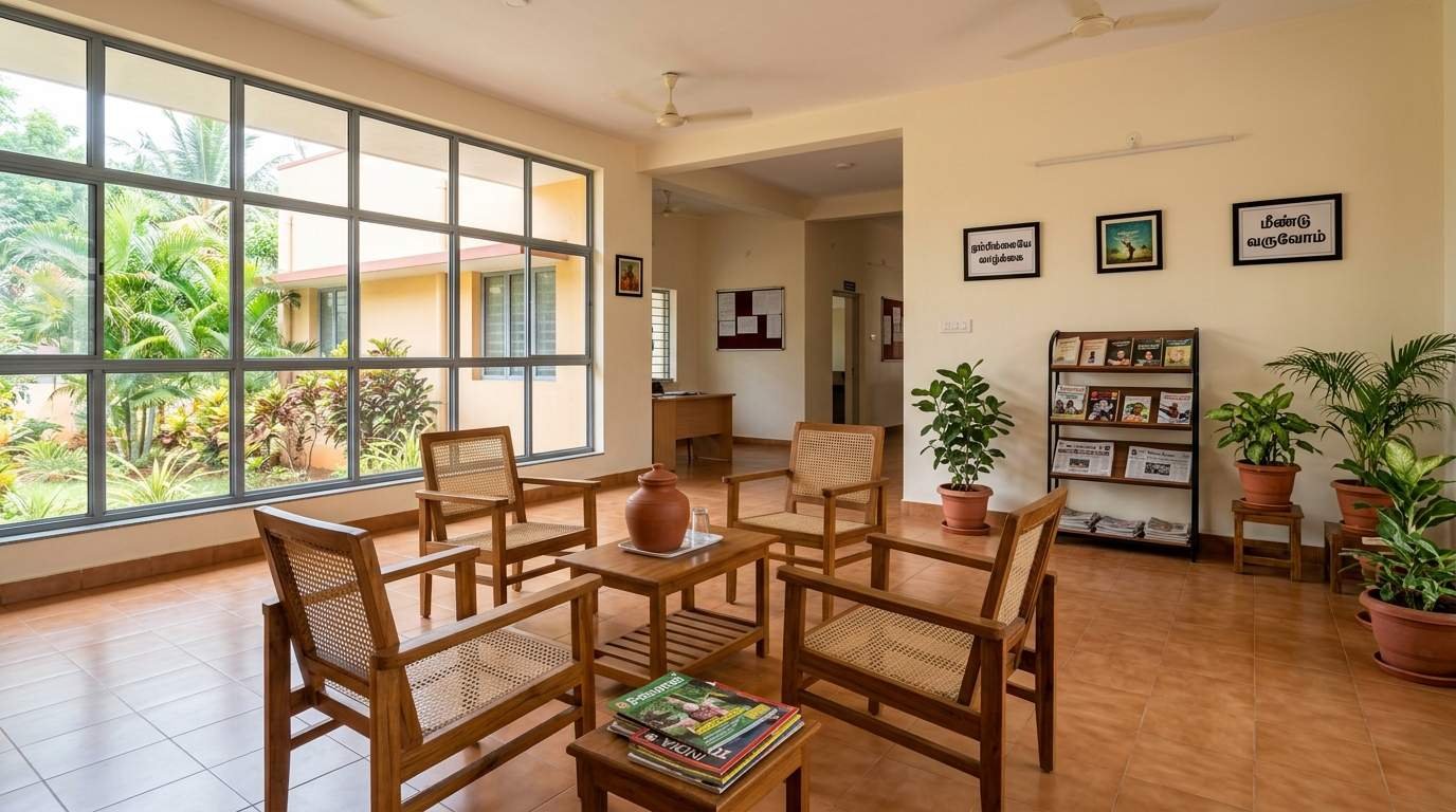 The calm, clean common area of a South Indian rehabilitation centre — wooden chairs, potted plants, natural light, and motivational Tamil text on the walls