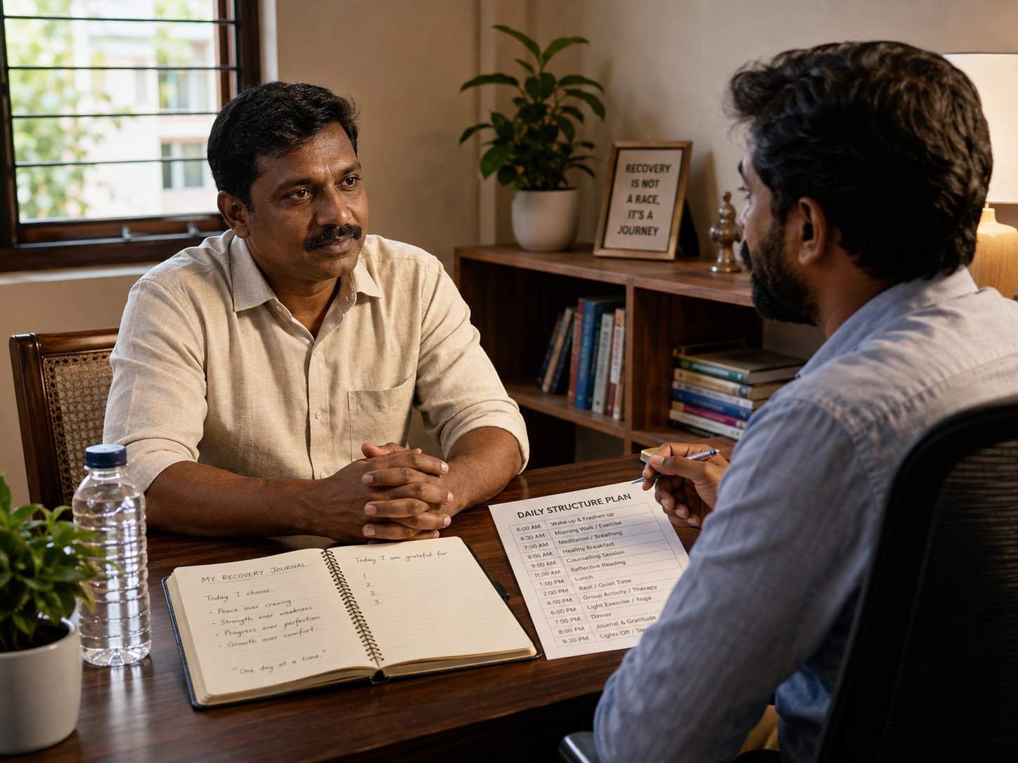 A South Indian man having a focused recovery planning conversation with a female counsellor, with a journal and recovery plan on the table