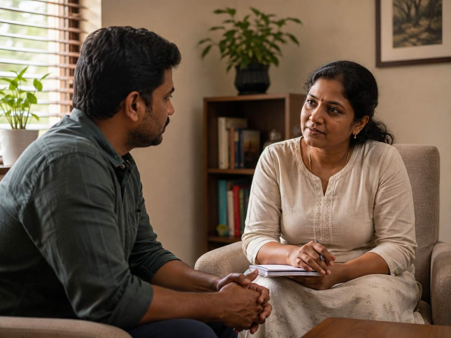 A close, intimate one-on-one counselling session between a South Indian adult and a professional counsellor