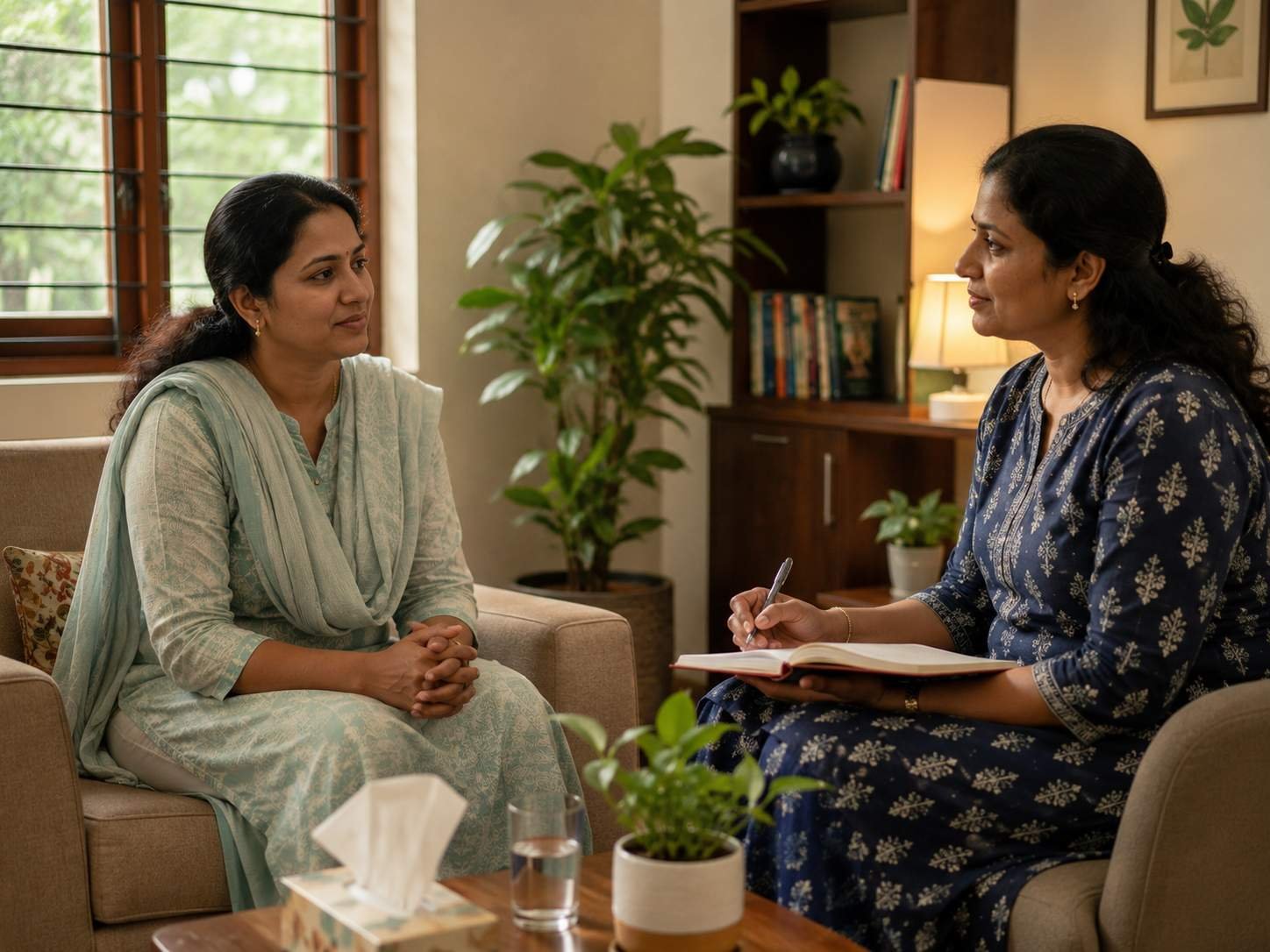 A supportive conversation between a South Indian adult and a mental health professional in a serene, private setting
