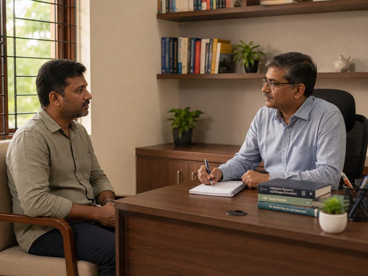 A calm professional consultation between a South Indian adult and a qualified mental health professional in a well-lit private consultation room