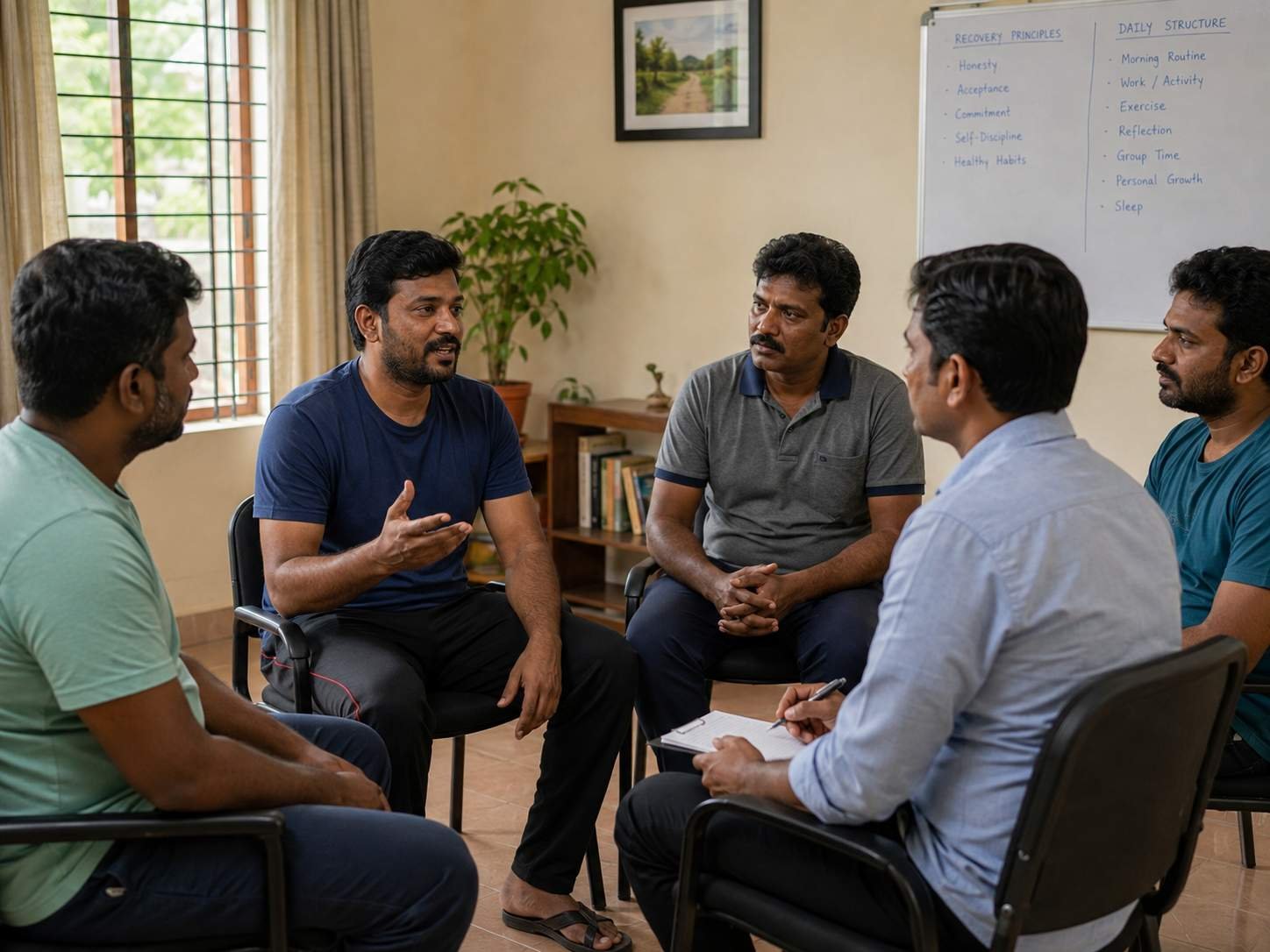 A supportive group discussion among South Indian adults in a simple rehabilitation centre room, facilitating peer recovery
