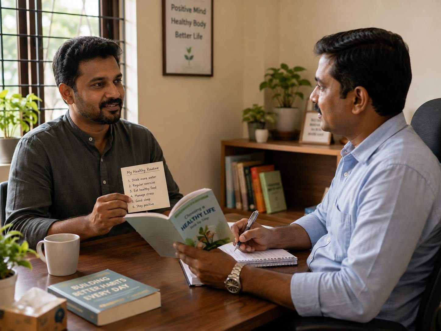 A South Indian woman discussing tobacco cessation with a professional counsellor in a clean, bright consultation room