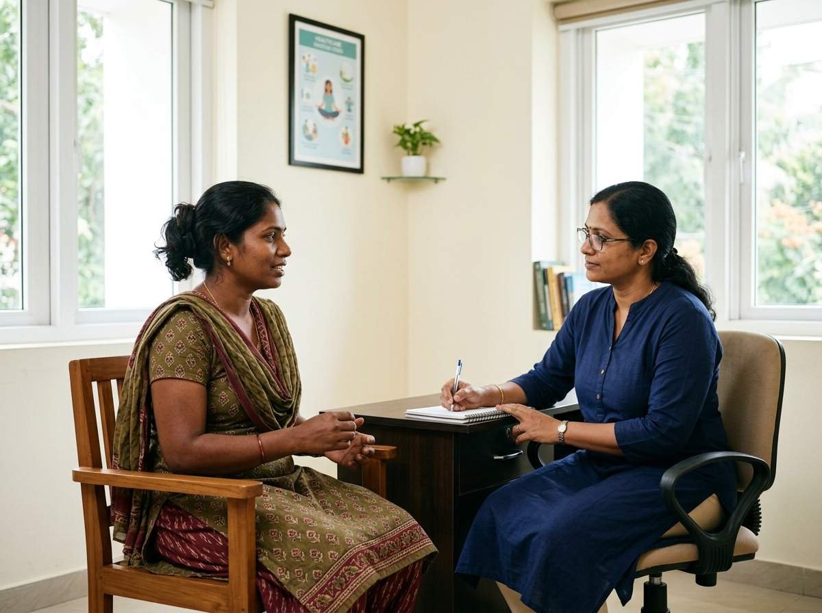 A South Indian woman receiving professional guidance from a counsellor about quitting tobacco and building healthy habits